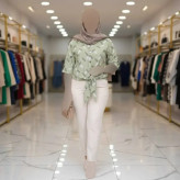 شومیز گره ای برگی جنس شانتون فری سایز رنگ کرم نسکافه ای سبزسدری