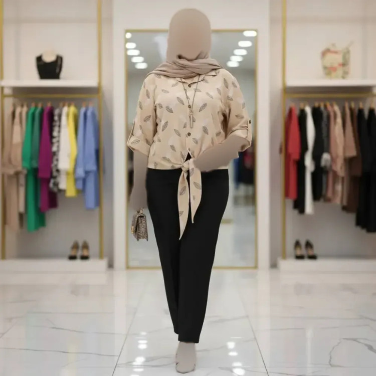 شومیز گره ای برگی جنس شانتون فری سایز رنگ کرم نسکافه ای سبزسدری
