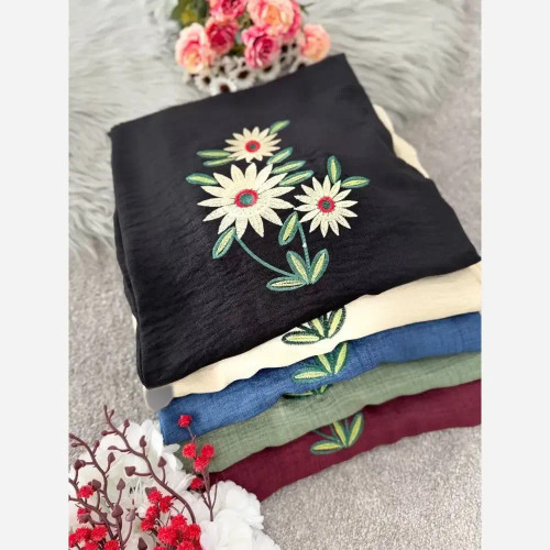شومیز مانتویی شانتون گلدوزی شده طرح سه گل بابونه