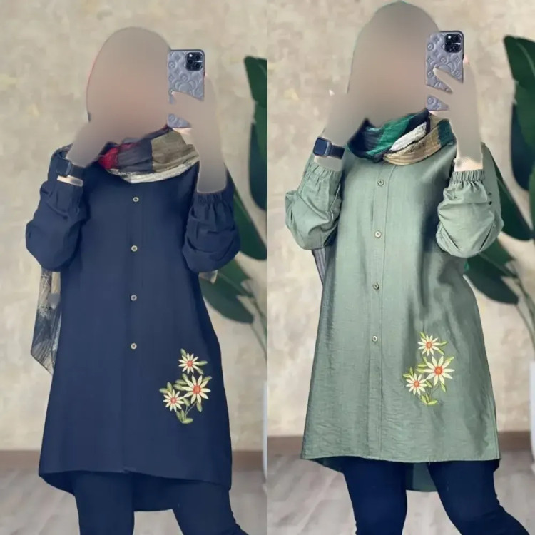 شومیز مانتویی شانتون گلدوزی شده طرح سه گل بابونه