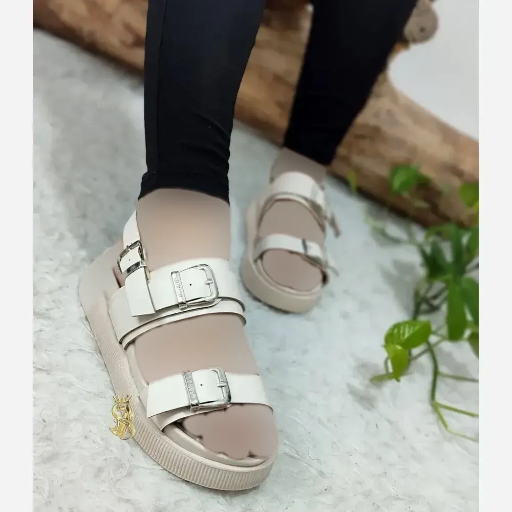 صندل طبی زنانه چرم صنعتی مدل سه سگک زیره PU طبی