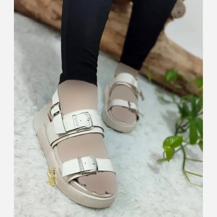 صندل طبی زنانه چرم صنعتی مدل سه سگک زیره PU طبی