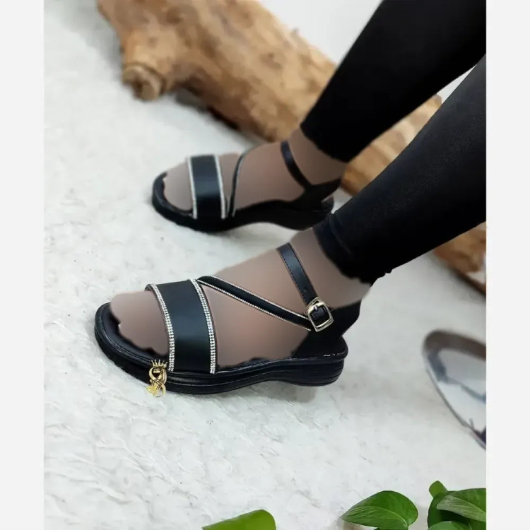 صندل طبی نگینی زنانه مدل حدیث چرم مصنوعی رنگ مشکی و کرم