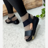 صندل طبی لژدار زنانه چرم صنعتی مدل برفی مشکی کرم
