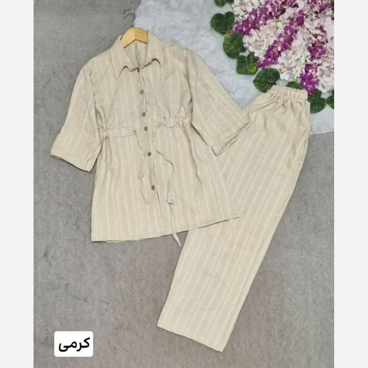 ست شانتون ریلی زنانه فری سایز جیب دار رنگ کرمی و نسکافه ای