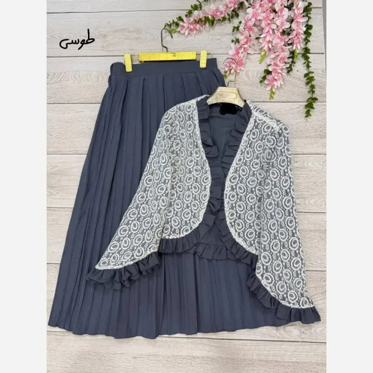 ست شومیز دامن چین چیلا جنس کراش آیوا و گیپور رنگ نسکافه ای سبز طوسی