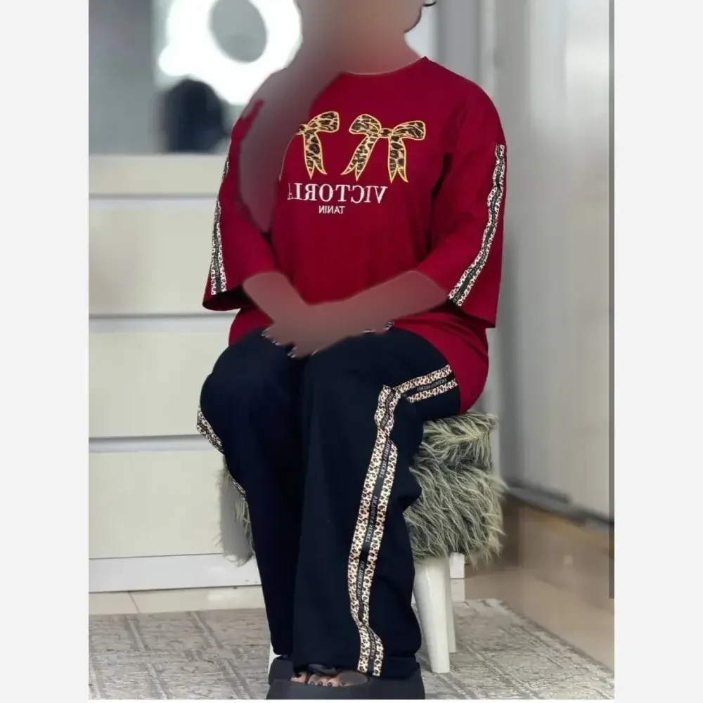 ست تیشرت و شلوار دبل پاپیون پلنگی گلکسی پنبه سایز 38 تا 48