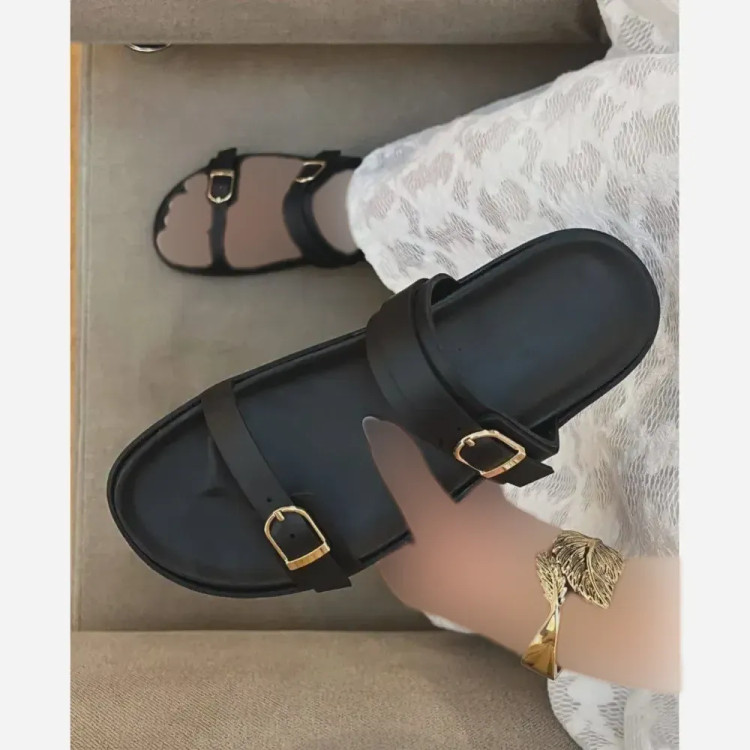 صندل زنانه چرم صنعتی خارجی آناهیتا رنگ مشکی و عسلی