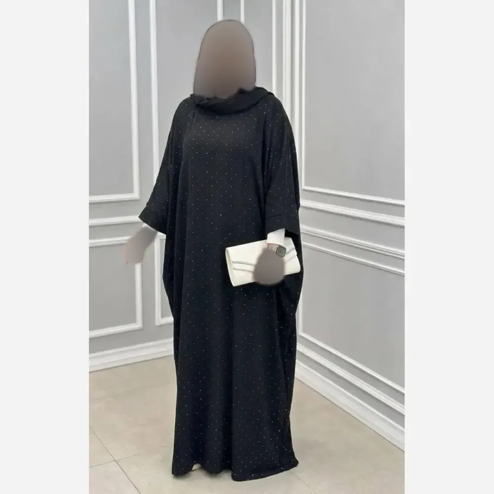 عبا زنانه مدل عبایی نگین دار جنس الیزه رنگ مشکی سایز فری سایز