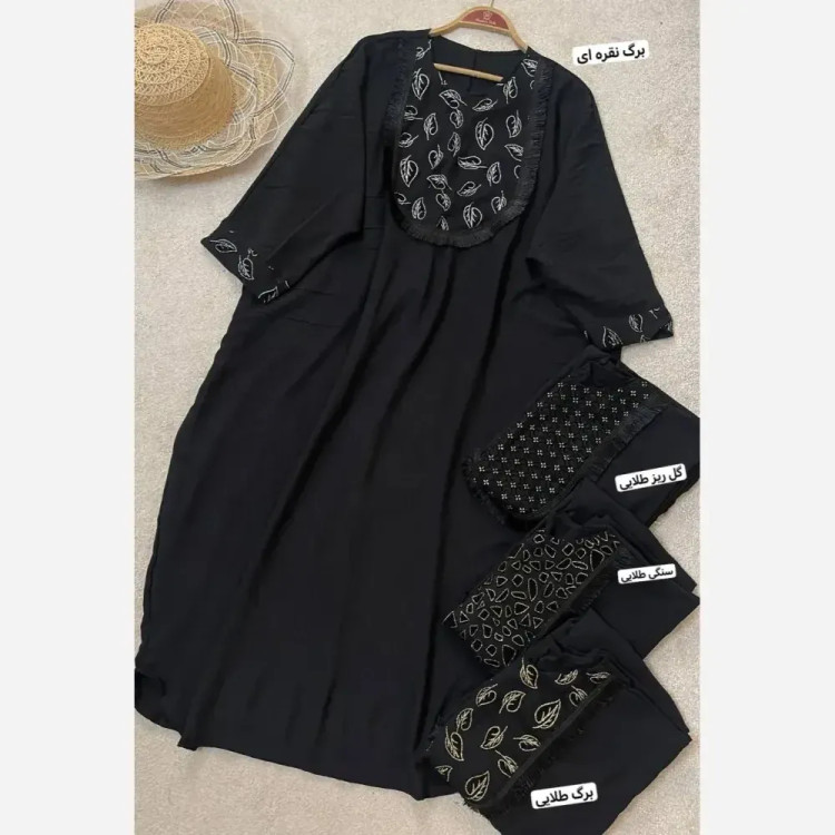 پیراهن جولیا جنس ابروبادی رنگ مشکی برگ طلایی فری سایز
