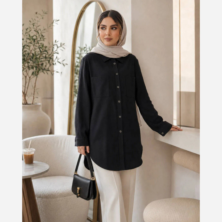 شومیز مانتویی زنانه الیاف مشکی فری سایز مدل فرشته
