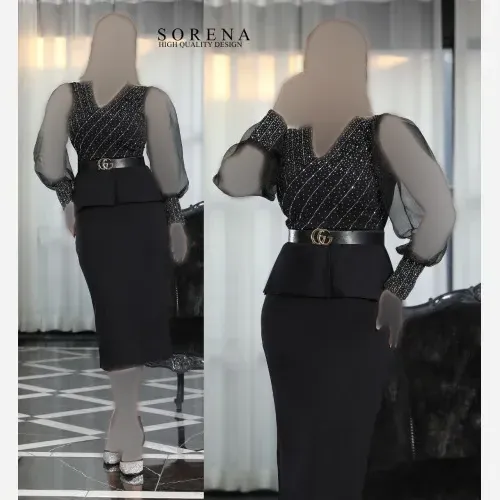 پیراهن مجلسی زنانه جنس غواصی گرم رنگ مشکی یقه هفت نگین دار سایز 36 تا 40 قد 135