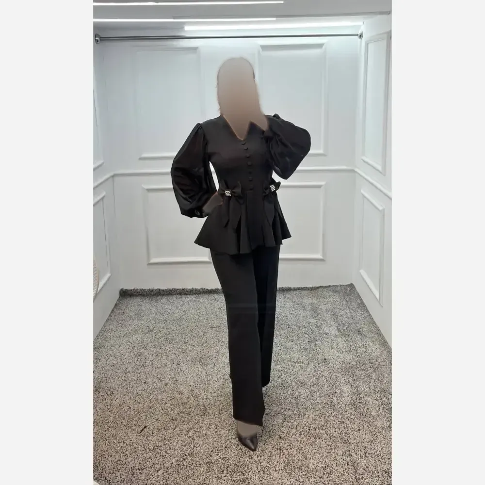 ست شومیز و شلوار زنانه مازراتی و حریر رنگ مشکی و سفید
