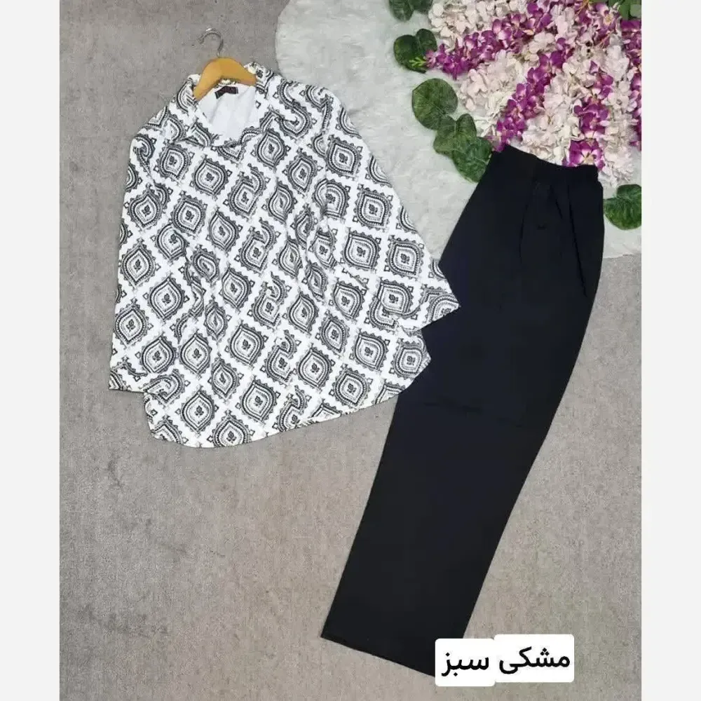 ست شومیز و شلوار مازراتی جلو دکمه باربی فری سایز سبز و مشکی