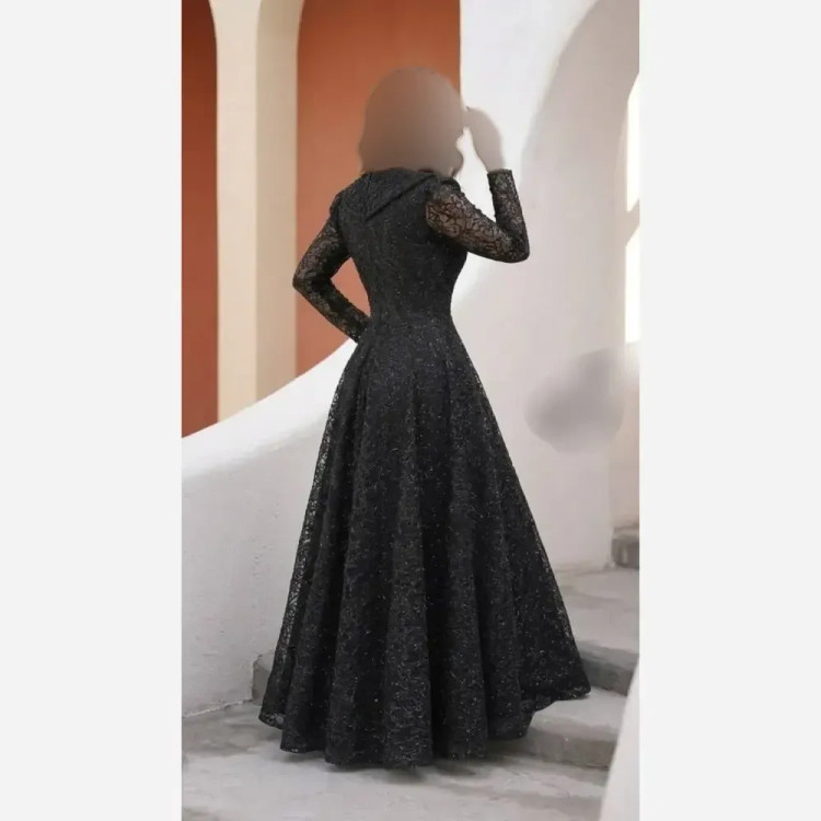پیراهن مجلسی زنانه مدل سایه گیپور دانتل سنگدوزی دست مشکی سایزبندی بزرگ