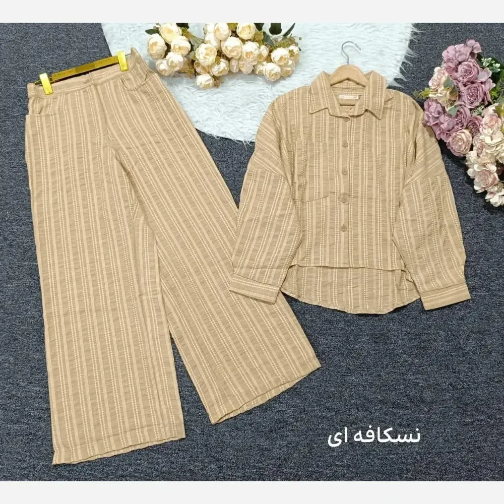 ست شومیز شلوار زنانه جنس کوک دوزی رنگ نسکافه ای و سدری