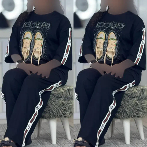 ست تیشرت و شلوار زنانه جنس پنبه گلکسی رنگ مشکی سایز فری سایز