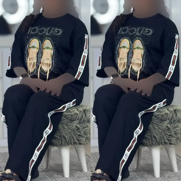 ست تیشرت و شلوار زنانه جنس پنبه گلکسی رنگ مشکی سایز فری سایز