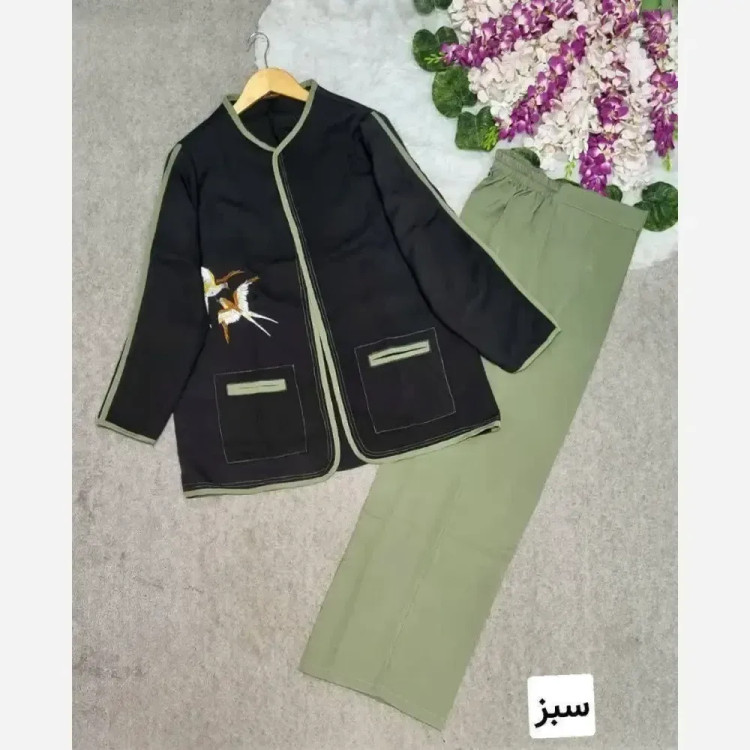 کت شلوار زنانه مدل پرستو پارچه مازراتی گلدوزی شده فری سایز