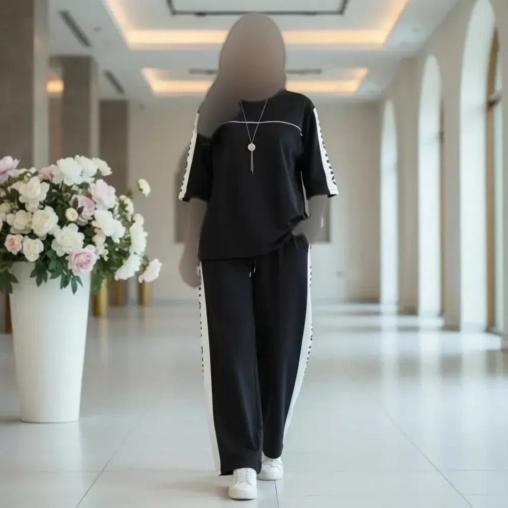 ست تیشرت شلوار گلکسی پنبه درجه یک زنانه فری سایز رنگبندی مشکی سرمه ای یاسی