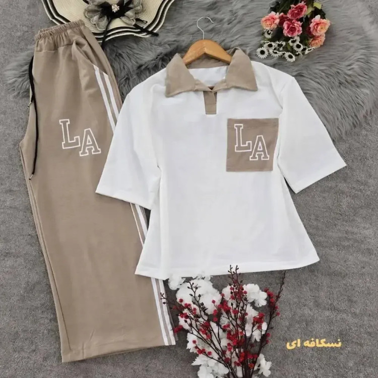 ست تیشرت شلوار نخ پنبه طرح ال ای LA فری سایز رنگی