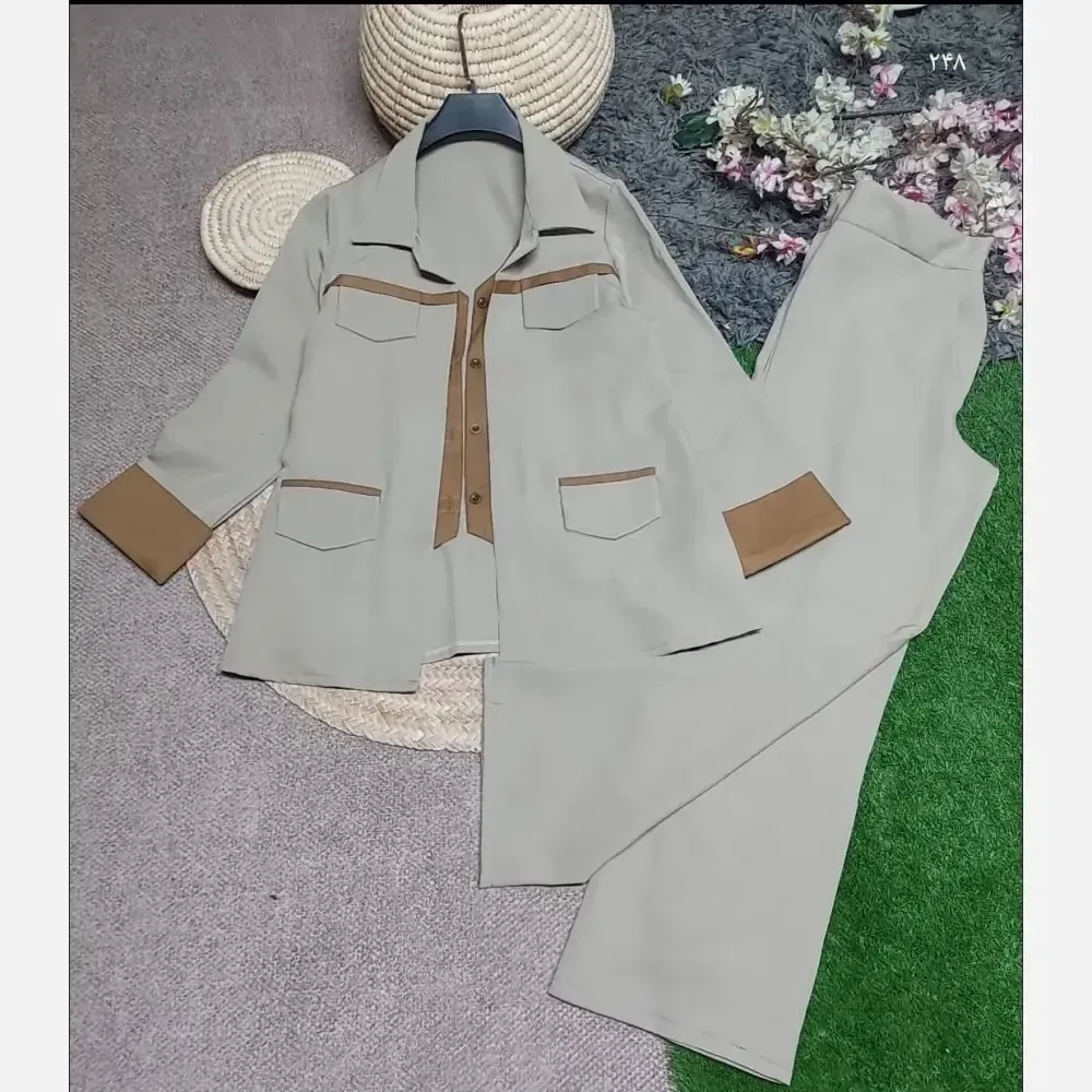 ست 2 تیکه زنانه جنس سوپرمازراتی اعلا مدل دلداده رنگ مشکی قهوه ای نسکافه ای سایز 38 تا 46 فری سایز