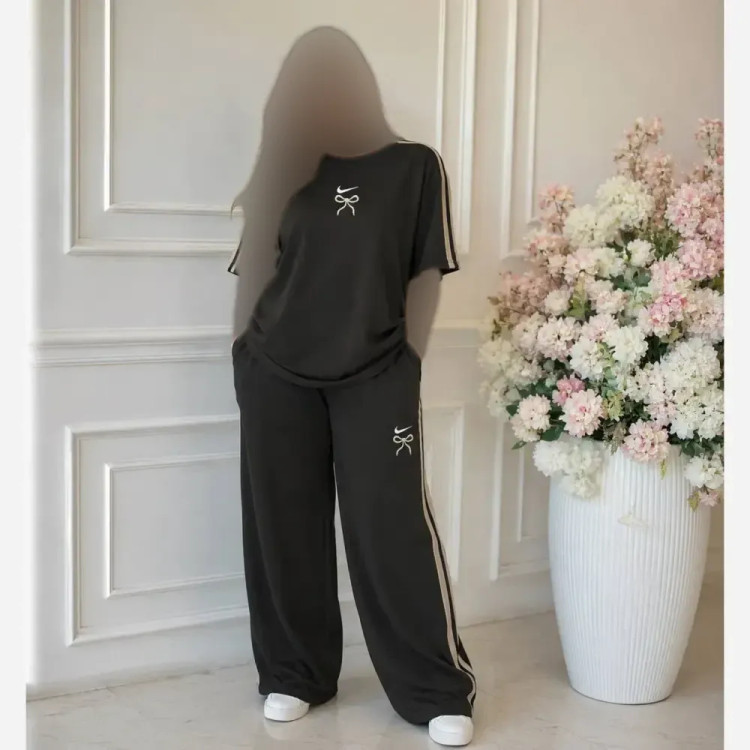 ست تیشرت شلوار گلکسی پنبه قهوه ای زنانه سایز 38 تا 48