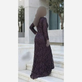 لباس مجلسی زنانه دانتل برتلی سنگدوزی کاپدار رنگ بادمجونی سایز 1 و 2 و 4
