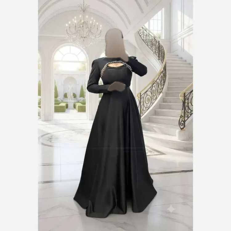 ماکسی مجلسی زنانه ساتن آمریکایی رنگ مشکی قد 155 کمربنددار