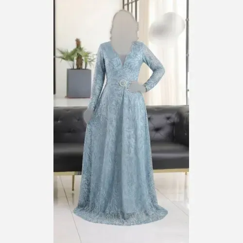 ماکسی مجلسی زنانه حریر شاین پفکی کمربنددار رنگ آبی سایز بزرگ