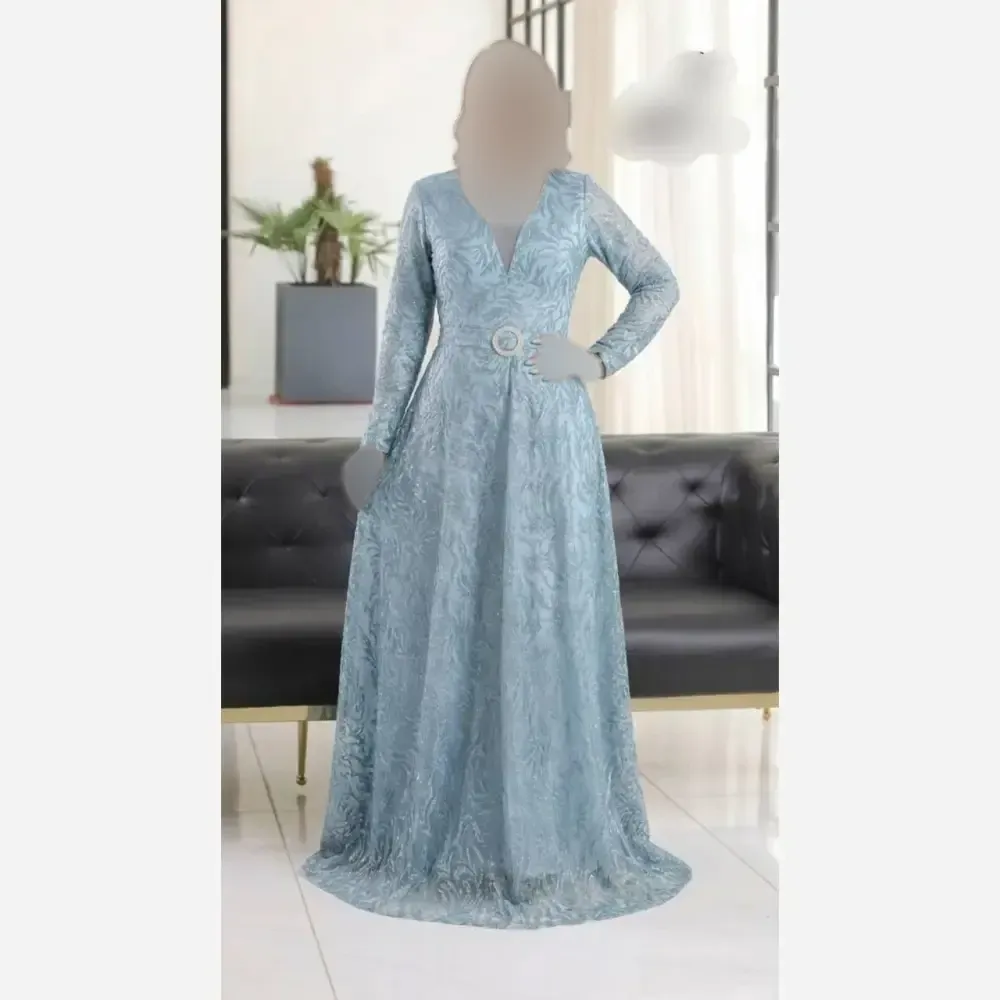ماکسی مجلسی زنانه حریر شاین پفکی کمربنددار رنگ آبی سایز بزرگ