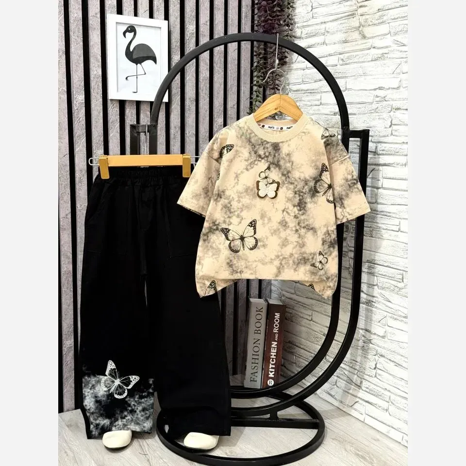ست تیشرت شلوار دخترانه پروانه جنس پنبه یکرو لاکرادار