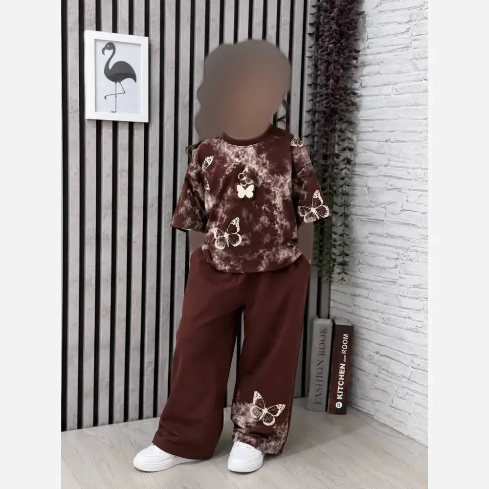 ست تیشرت شلوار دخترانه پروانه جنس پنبه یکرو لاکرادار