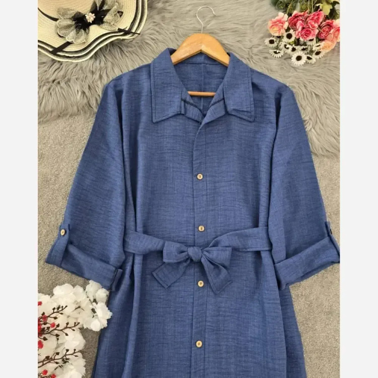 مانتو شانتون بلند فری سایز جیب دار کمربند دار مدل نگاه