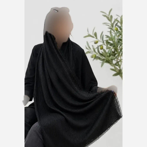 شال مجلسی مشکی برشکا لب دانتل و نگین کوبی طرح مزونی ابعاد 180 در 70