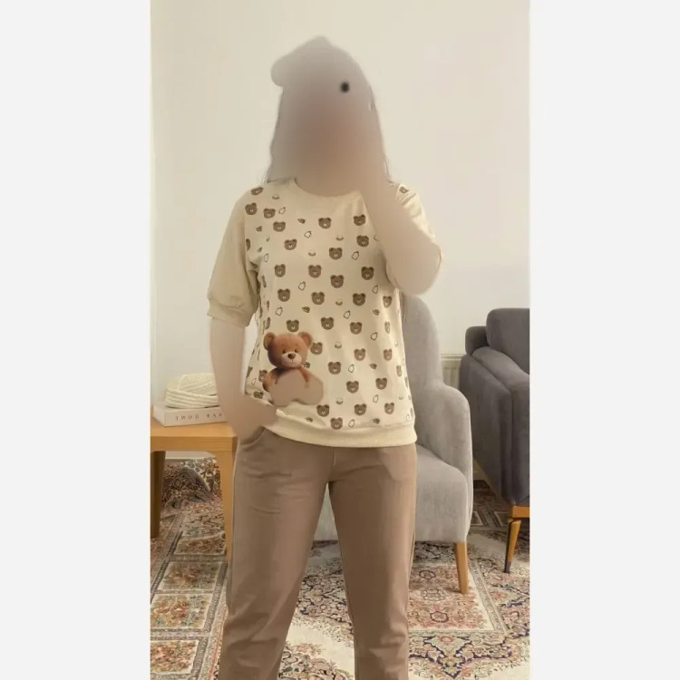 ست تی شرت و شلوار آستین کوتاه زنانه جنس پنبه گلکسی رنگ نسکافه ای