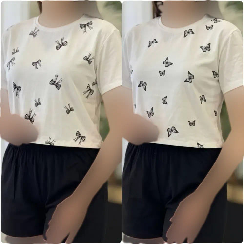 ست تی شرت و شلوارک زنانه نخ پنبه درجه یک طرح پاپیون و پروانه سایز فری 36 تا 44