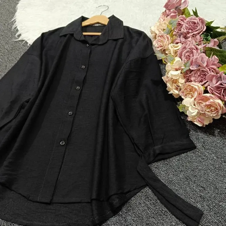 شومیز مانتویی مشکی کرسپو درجه یک مچ گره ای فری سایز