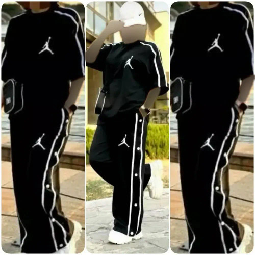 ست لباس راحتی زنانه تیشرت و شلوار جردن آستین کوتاه جنس سوپر اسپان رنگ مشکی سایز فری 38 تا 48