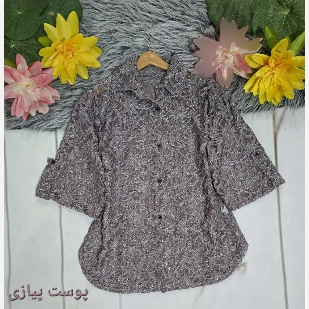 بلوز مجلسی زنانه آستین سه ربع دانتل شیشه ای فری سایز