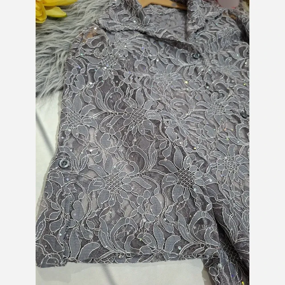 بلوز مجلسی زنانه آستین سه ربع دانتل شیشه ای فری سایز