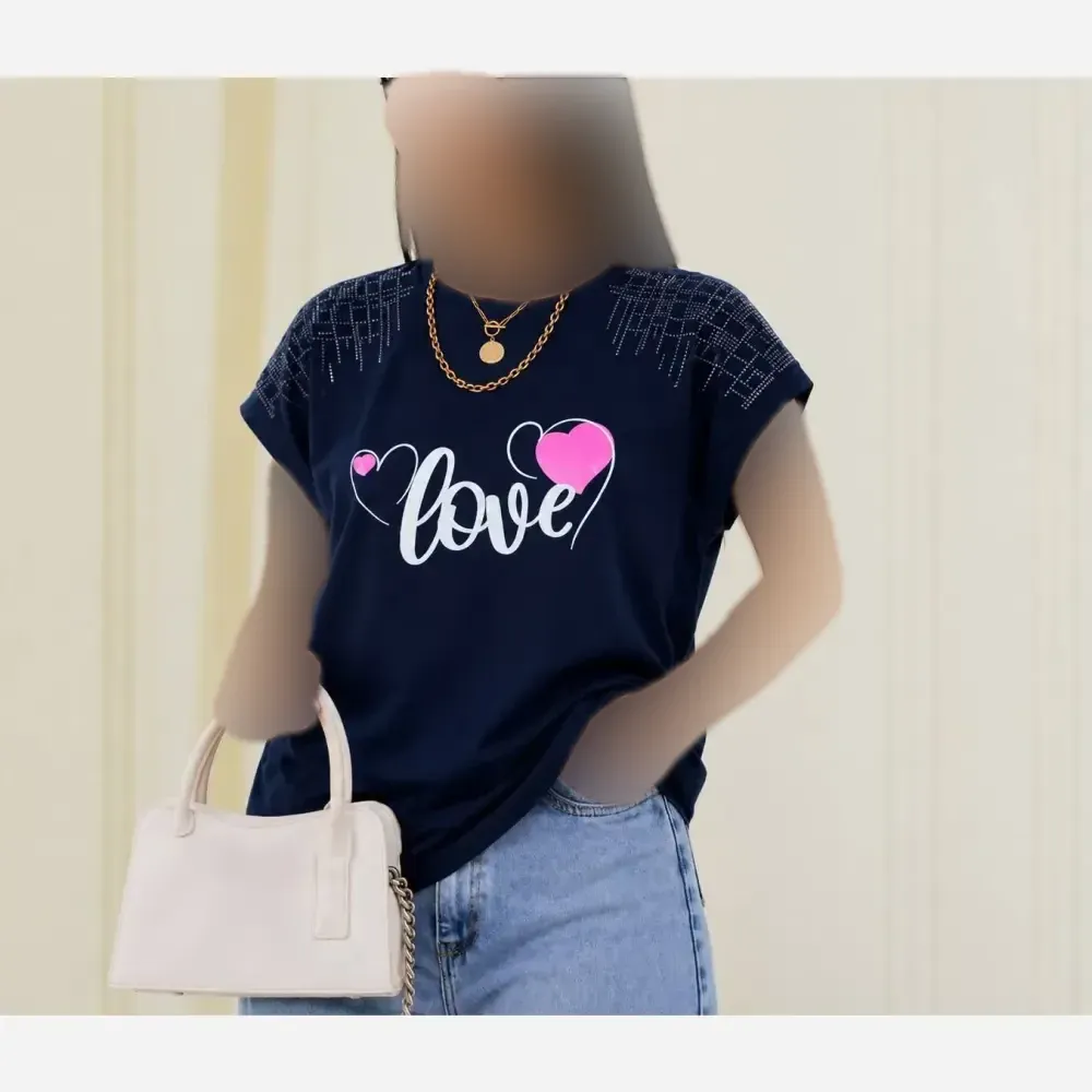 تیشرت باکسی نگینی طرح لاو جنس نخ پنبه فری سایز