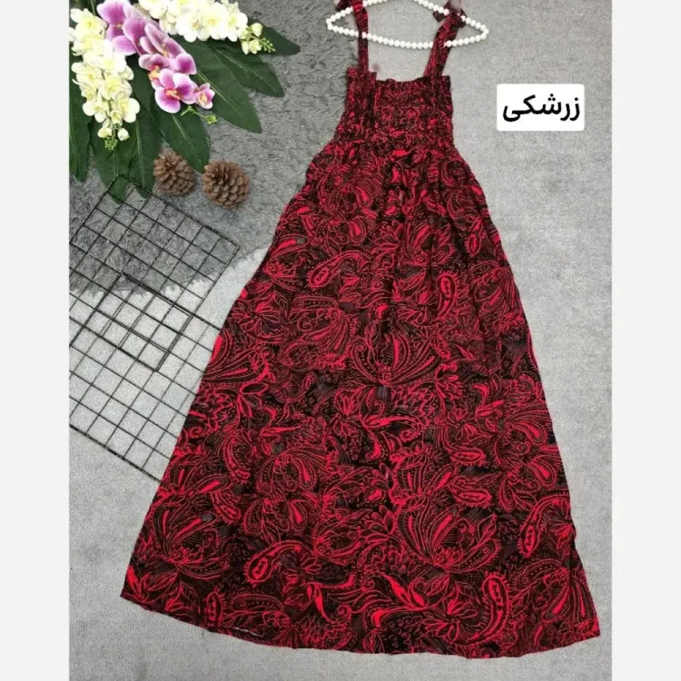 پیراهن نخی کش دوزی شده زنانه فری سایز قد 130
