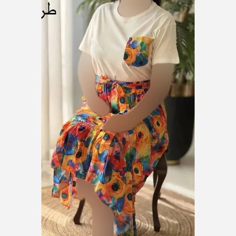 ست لباس زنانه تیشرت پنبه درجه یک و دامن تمام نخ فری سایز