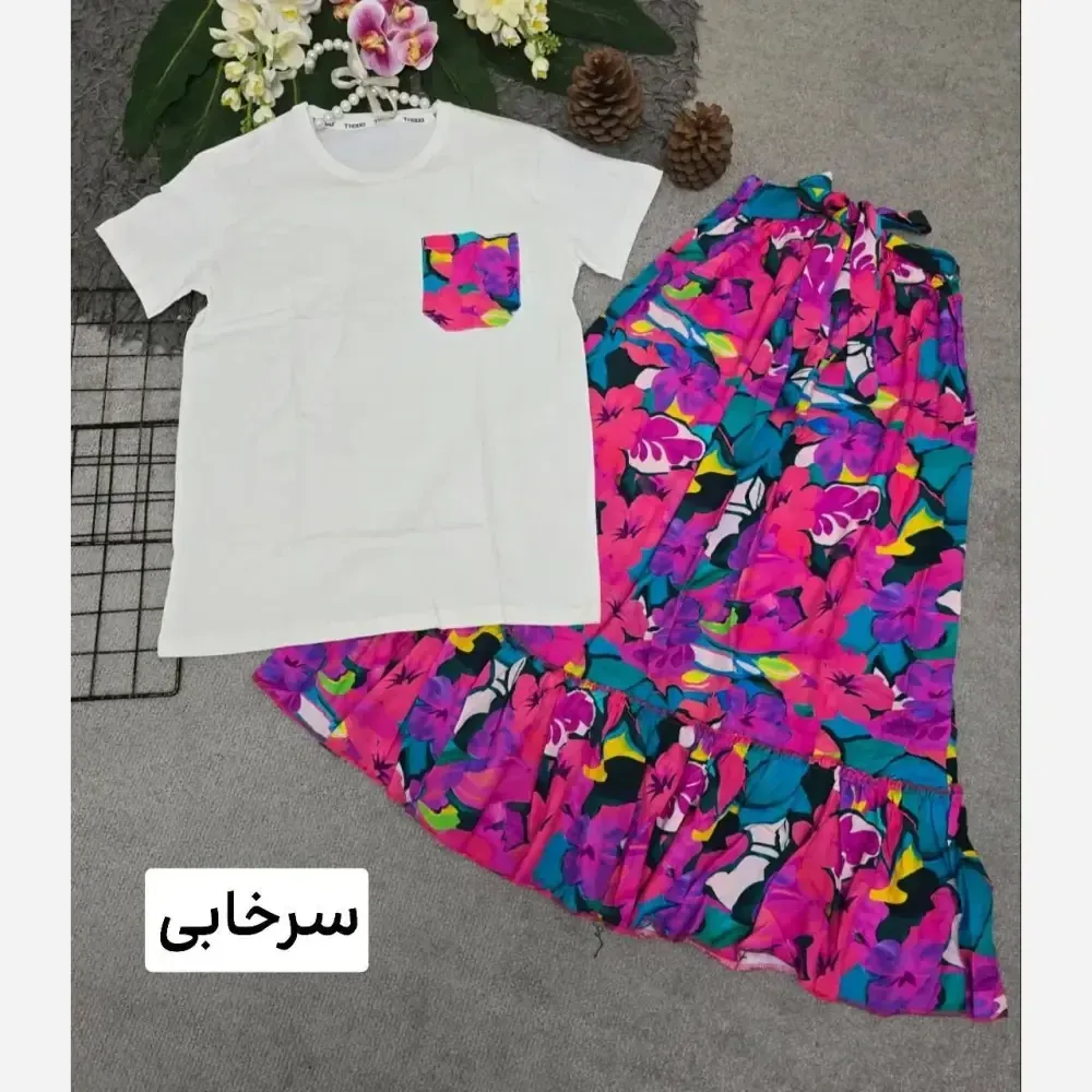 ست لباس زنانه تیشرت پنبه درجه یک و دامن تمام نخ فری سایز