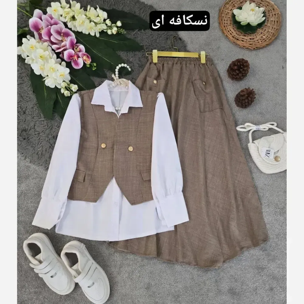 سه تیکه شومیز جلیقه و دامن مدل ژینا جنس شانتون فری سایز
