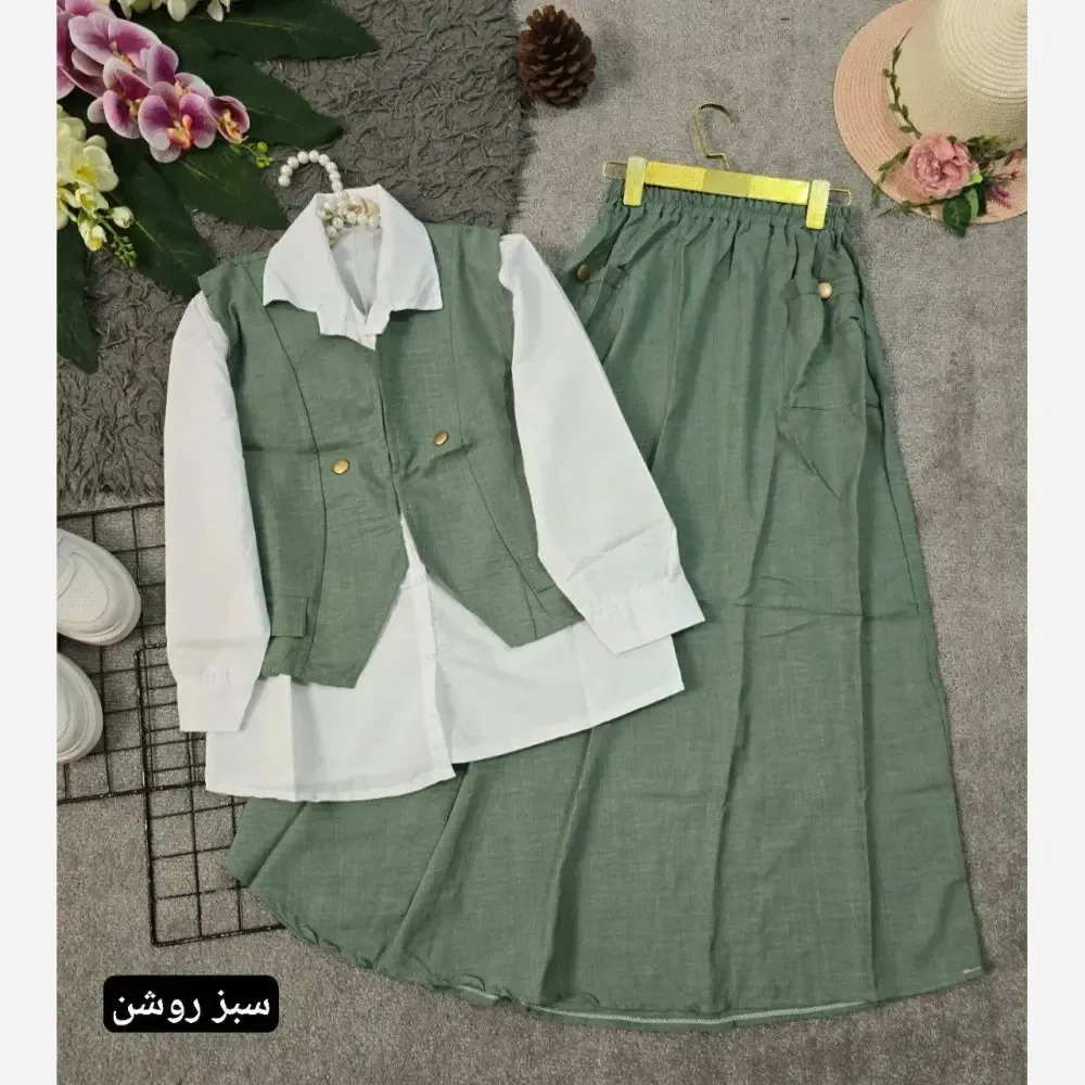سه تیکه شومیز جلیقه و دامن مدل ژینا جنس شانتون فری سایز