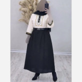 ست شومیز و دامن ژیوا لن و شانتون سایز فری مناسب 38 تا 46 رنگ مشکی کرم سبز آبی