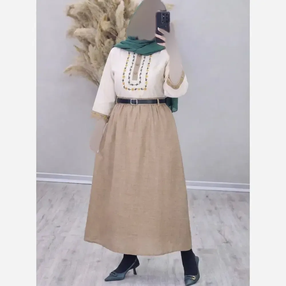ست شومیز و دامن ژیوا لن و شانتون سایز فری مناسب 38 تا 46 رنگ مشکی کرم سبز آبی