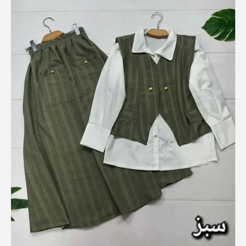 سه تیکه ژینا جنس شانتون و شومیز داکرون فری سایز 38 تا 46